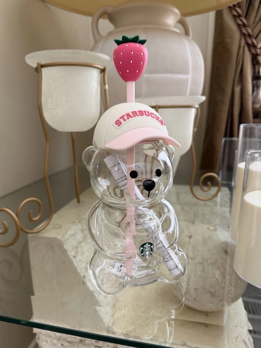 Starbucks Clear Bear Cup with Pink Cap and Strawberry Straw